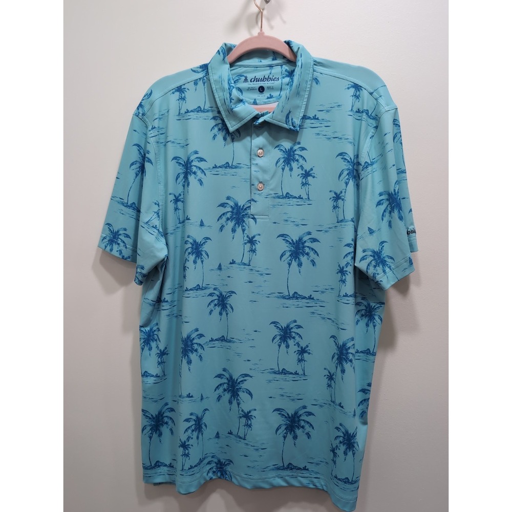Chubbies Men's Short Sleeve Blue Palm Tree Print Polo Shirt Size L